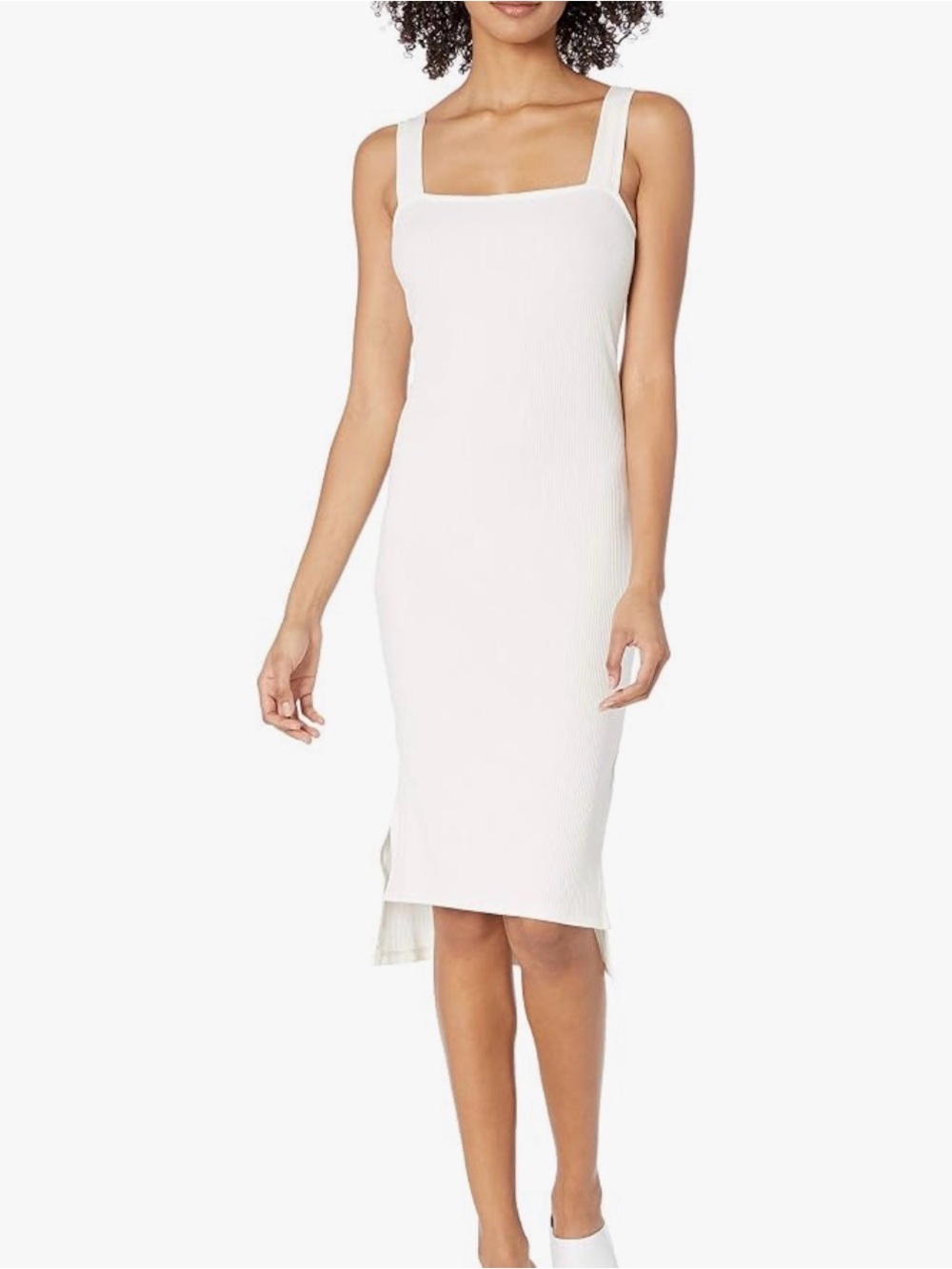 Square-Neck Ribbed Midi Dress in White